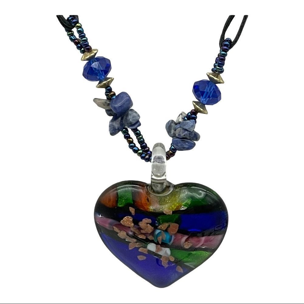 Glass Blue Multicolor Heart Necklace 